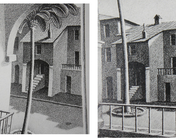 Illustration 3: M.C. Escher, "En haut et en bas", 1947, Lithographie (deux détails) Illustration 3: M.C. Escher, "En haut et en bas", 1947, Lithographie (deux détails)