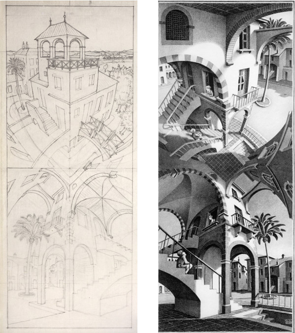 À gauche : illustration 4: M.C. Escher, étude pour "En haut et en bas", 1947, crayon sur papier, 535 x 230 mm - À droite : Illustration 5: M.C. Escher, "En haut et en bas", 1947, Lithographie, 503 x 205 mm À gauche : illustration 4: M.C. Escher, étude pour "En haut et en bas", 1947, crayon sur papier, 535 x 230 mm - À droite : Illustration 5: M.C. Escher, "En haut et en bas", 1947, Lithographie, 503 x 205 mm