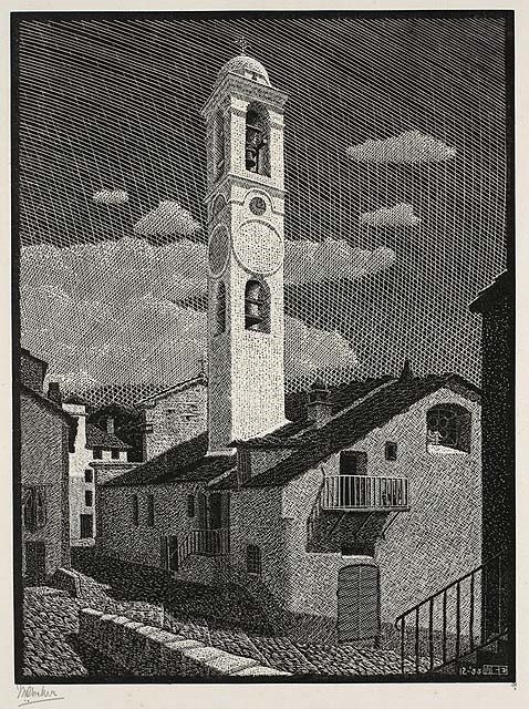 Illustration 8: M.C.Escher, Eglise de l'Annonciation, Corte, Corsica, 1933, Gravure sur bois (31,6 x 23,7 cm)