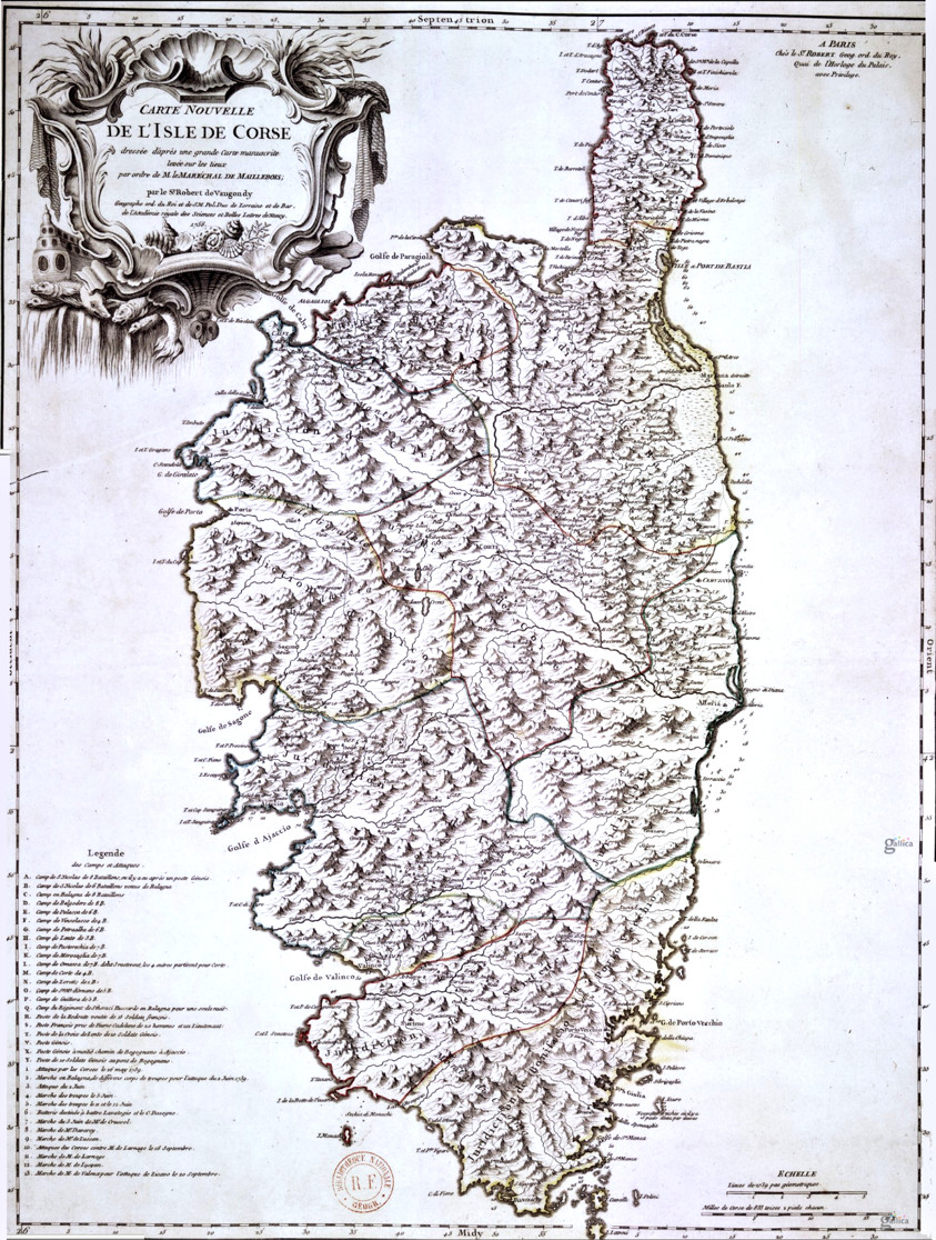 Carte nouvelle de l'isle de Corse avec ses 10 provinces et 4 fiefs par Robert de Vaugondy (1756)