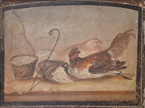 Peinture murale de Pompéi (temple d’Isis ?) avec des faisselles en vannerie emplies de fromage frais et des poulets. Peinture murale de Pompéi (temple d’Isis ?) avec des faisselles en vannerie emplies de fromage frais et des poulets.