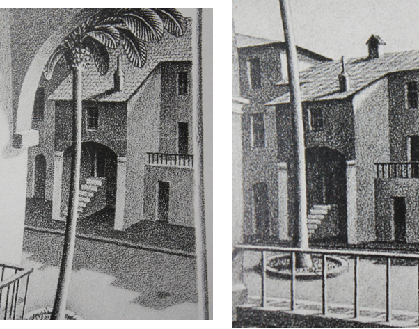 Illustration 3: M.C. Escher, "En haut et en bas", 1947, Lithographie (deux détails)