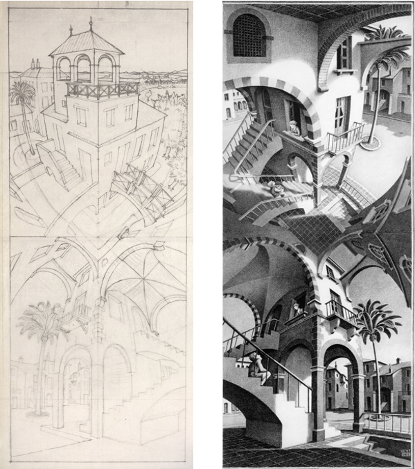 À gauche : illustration 4: M.C. Escher, étude pour "En haut et en bas", 1947, crayon sur papier, 535 x 230 mm - À droite : Illustration 5: M.C. Escher, "En haut et en bas", 1947, Lithographie, 503 x 205 mm