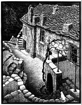 Illustration 6: M.C.Escher, Corte, Corsica, 1929, Gravure sur bois en gris et noir imprimée en deux blocs
