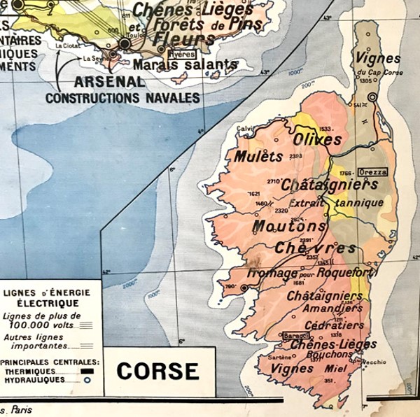 carte scolaire Midi et Méditerranéen, détail (régions naturelles de la France par Paul Kaeppelin, 1960)