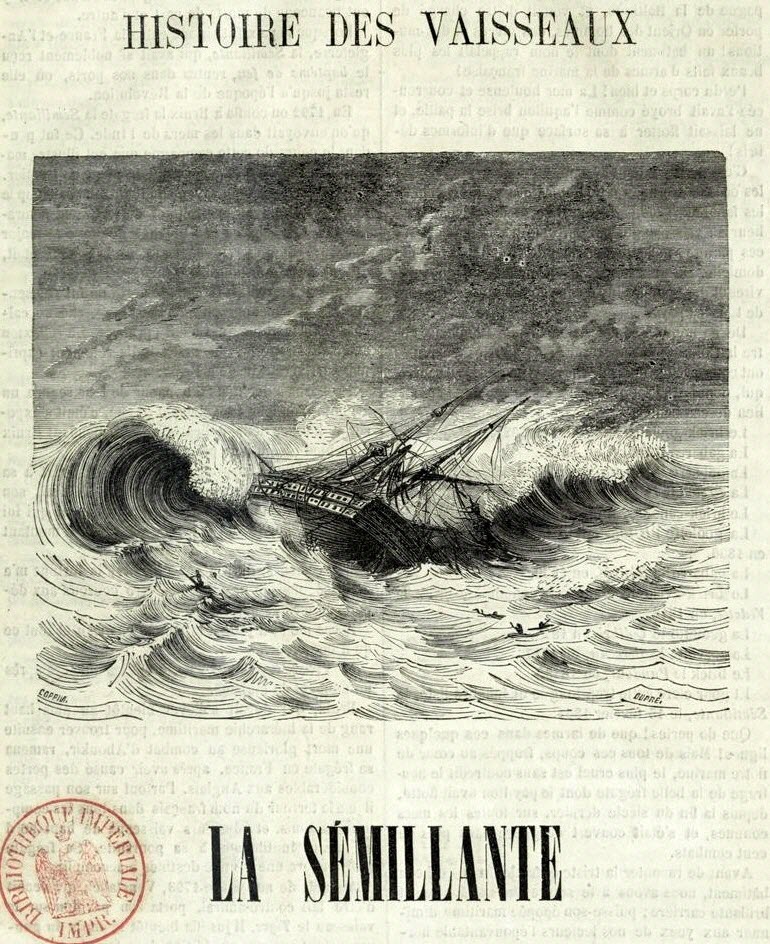 Le naufrage de La Sémillante dans Histoire des vaisseaux par J-M Cayla. Editions Boisgard Paris (1855). Le naufrage de La Sémillante dans Histoire des vaisseaux par J-M Cayla. Editions Boisgard Paris (1855).