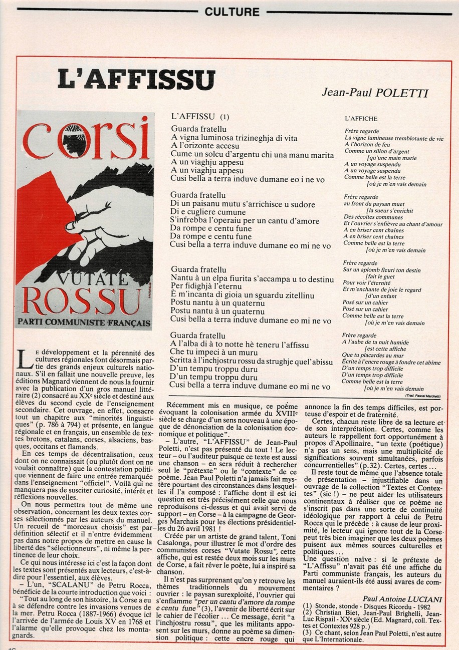 Annexe 2: présentation de l'affiche et de la chanson L'affissu dans Terre Corse, 2017
